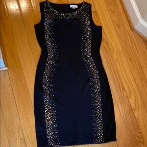 Calvin Klein Black and Gold Embellished Sheath Midi Dress